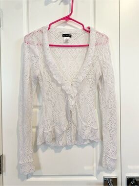 VENUS White Crochet Ruffle-Trim Cardigan